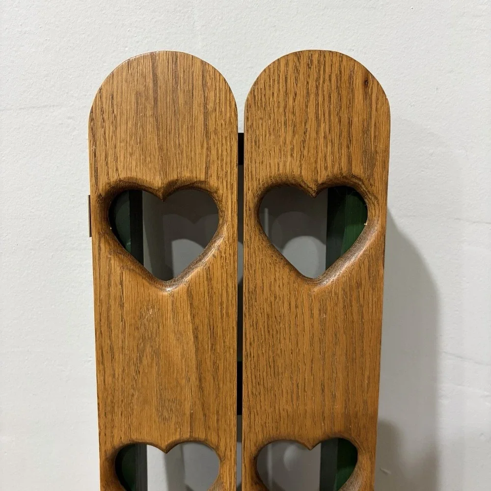 Vtg Wood Wall Shelf Shutter Doors Heart Peg Hooks 18